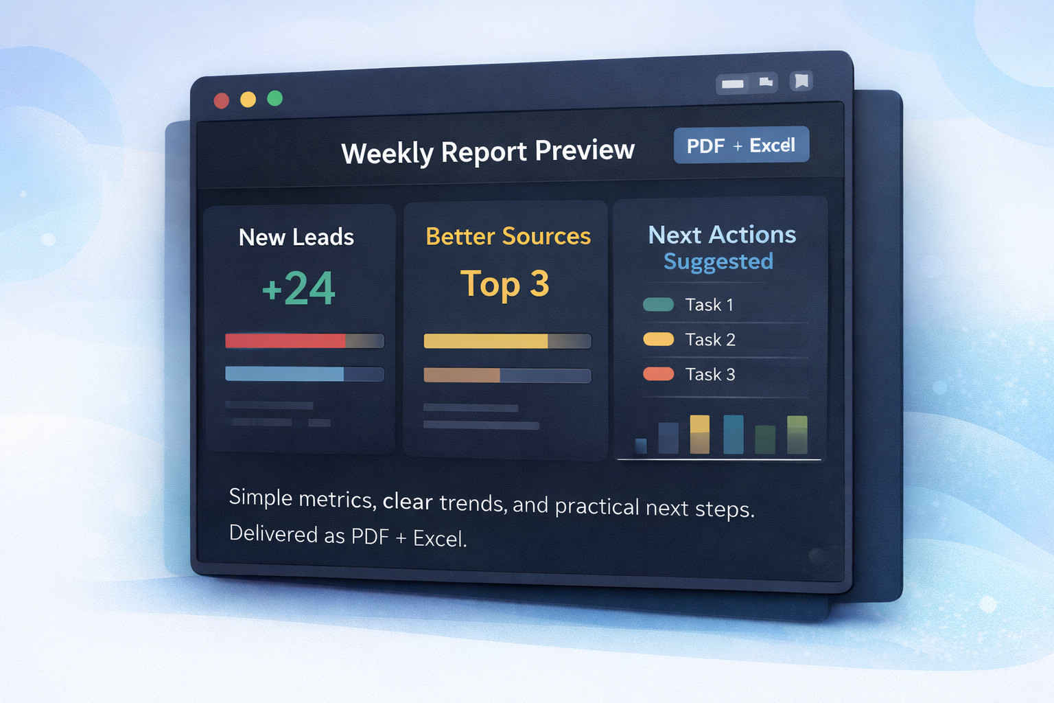 Weekly report preview showing simple metrics, trends, and next actions
