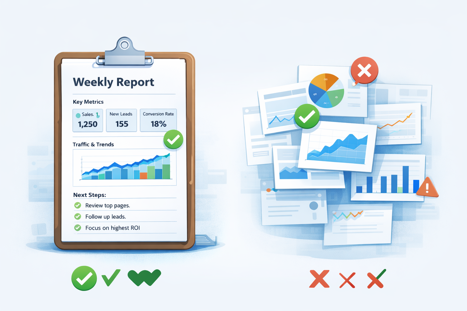 Weekly report preview showing simple metrics, trends, and next actions